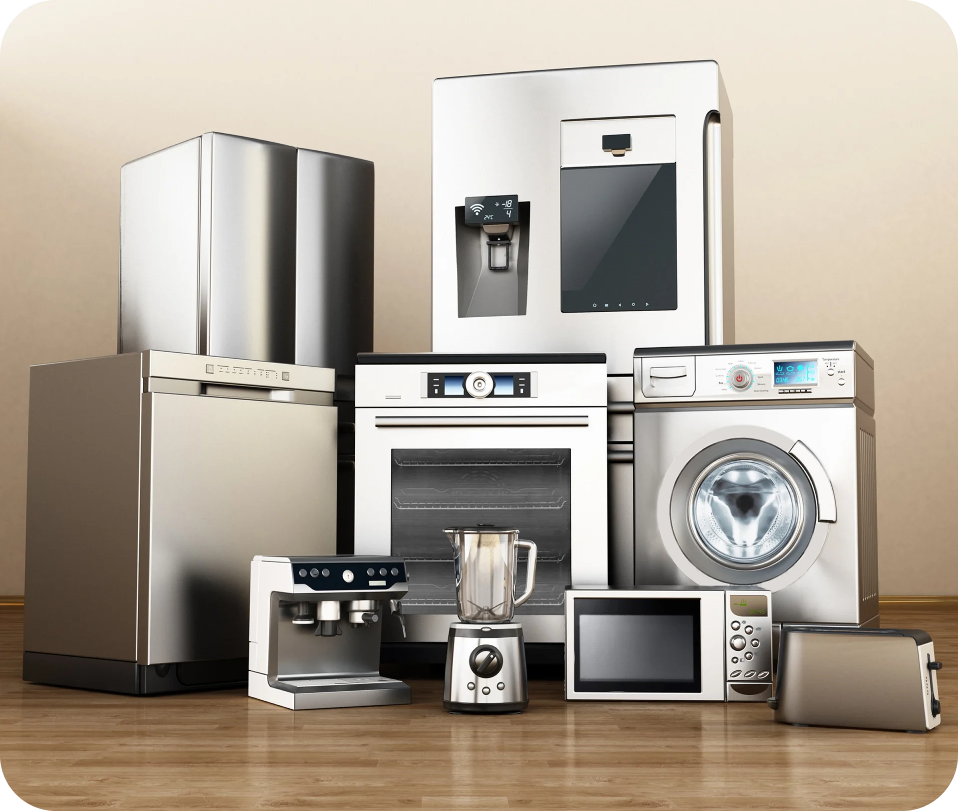 Modern kitchen appliances on wooden floor.