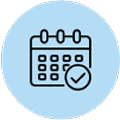 Calendar icon with checkmark on blue background.