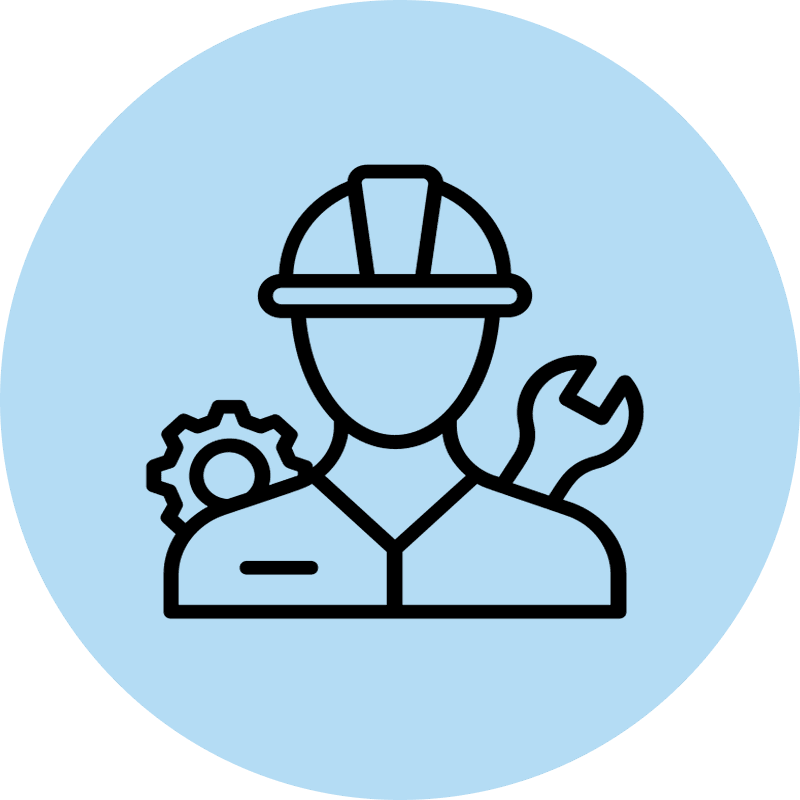 Worker icon with gear and wrench.