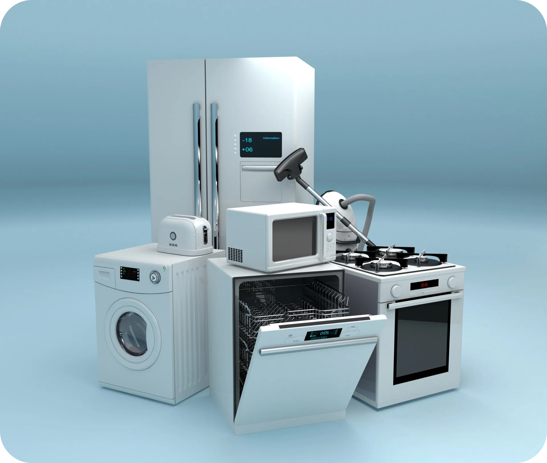 White kitchen appliances on blue background.